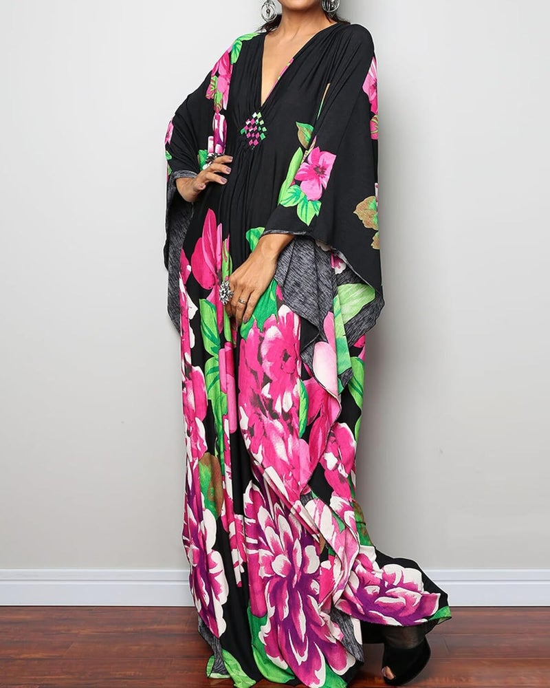 Bsubseach Women Ethnic Print Kaftan Beach Dress Plus Size Swimsuit Cover Up - Image 2